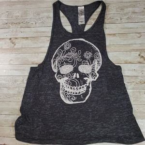 Crash & Burn Racerback Embellished Crystals Skull, Gun & Rose Tank Top M